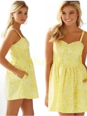 Lilly Pulitzer Christine Fit and Flare Yellow Printed Sweetheart Mini Dress